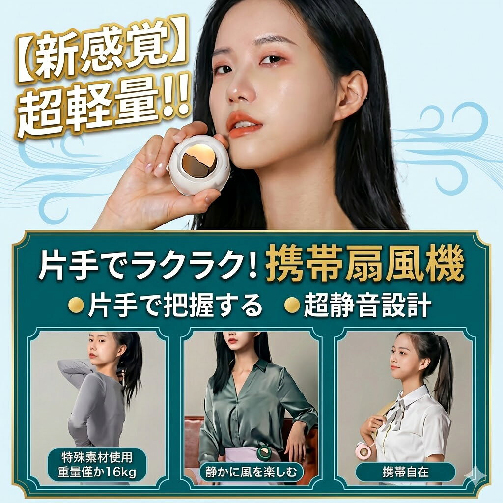 商品の寸法：6.5奥行き x 5幅 x 7.4高さ cm 材質：ABS 付属コンポーネント：ポータブルウエストファン 【超軽量・静音設計】 ABSとシリコン素材を採用した本体はわずか80グラム。低騒音DCモーターを搭載。首や腰に装着しても負担になりません。オフィスやアウトドアでも、弱・中・強の3段階の風量を静かに調節でき、安心して仕事や勉強に集中できます。 【長時間バッテリー駆動】 900mAhバッテリーを内蔵。USB-C急速充電で66分でフル充電。バッテリー駆動時間は最大6時間（弱風量5時間／中風量2.7時間／強風量1.6時間）で、複数の充電方法に対応しています。 【360°多シーン対応】 革新的なリーフレスデザイン＋シリコン弾性クリップとプラスチッククリップ設計、360°回転式で、襟、ベルト、リュックなど、あらゆる位置に固定できます。風の吹き出し口は均一で直接風が吹き付けないため、登山、釣り、キッチン、工事現場などの高温環境にも適しており、衣類の内外を循環させ、涼しさをもたらします。 【安全で丈夫】 本体はABS樹脂製の落下防止素材で、汗や傷に強いです。ブレードレス構造で髪の毛が絡みにくく、ワンタッチで3段階の風速切り替えが可能で、強風と省エネを両立。屋外作業、スポーツ、レジャーなど、どんなシーンでも安心してお使いいただけます。 【夏のオールラウンド冷却アイテム】 ハイキングなどの暑さ対策や冷却に最適です。クリップオンデザインで両手が自由になり、コンパクトに折りたたんで持ち運びも簡単です。見た目もファッショナブルで、様々な服装に合わせやすいです。