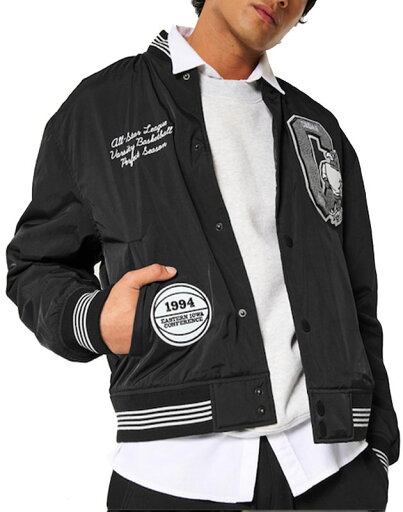 ホリスター ジャケット Hollister 正規品 メンズ【Lサイズ】 大きいサイズ ナイロン 中綿入り フルスナップ留め アップリケ バンド付き裾 刺繍 シワ加工 ボンバーシルエット アメカジ ブラック 即日配送 送料無料