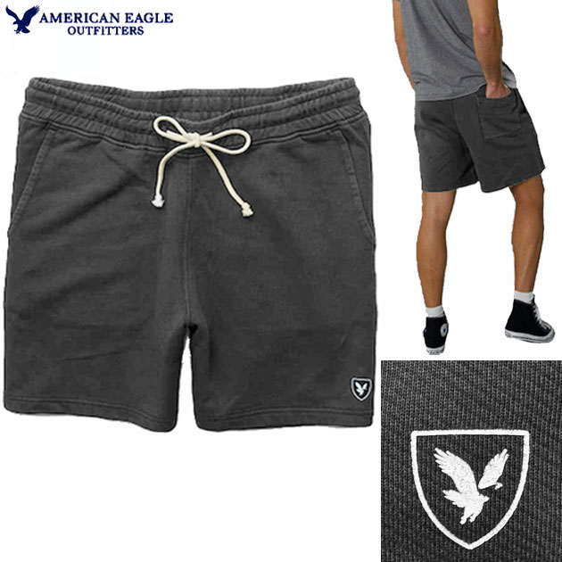 アメリカンイーグル フリースパンツ AMERICAN EAGLE 正規品【Mサイズ】 上質 コットンフリース ショートパンツ ラバーアイコンプリント サイドポケット ドローストリングウエストヴィンテージ 大きいサイズ アメカジ ウォッシュドブラック 最短当日発送
