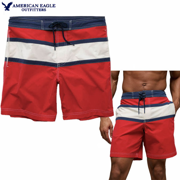 【日本未入荷アイテム】AE USA スイムパンツ American Eagle AE クラシック・ボードショーツ カラー レッド/ネイビー/オフホワイト Lサイズ実寸 ウエスト【(ヨコ幅) 約48cm (内側一周)約100cm 】股上約31cm股下約19cm渡り約38cm裾幅約33.5cm 素材 100%リサイクルポリエステル 生産国 ヨルダン デザイン ＊ピーチスキンのような肌触りの上質ポリエステル素材。 ＊海やプールに映えるレッド/ネイビー/オフホワイトの配色。 ＊股下8インチ(約20.3cm)、膝上丈のクラシックボードショーツ。 ＊フロントは強度のマジックテープと紐になります。 ＊サイドに深めのポケット。 ＊バックにロゴパッチ 。 ＊Lサイズはウエスト91〜97cmの方にオススメします。 ＊モデルは身長183cm Mサイズを着用です。 ＊裏地無しなのでアンダーショーツ着用をオススメします。 ＊水着類は衛生管理上お客様都合による返品／交換はお受け出来ません。 ＊手洗い又は洗濯機洗い。 備考 ＊こちらのアメリカンイーグルはアバクロ ホリスターと比べて若干大きいサイズ展開です。 ＊商品は到着後すぐにお使いいただけるようにスチームを当ててからの発送になります。 ＊こちらの商品は「日本郵便メール便」(クリックポスト)でのお届けとなります。 ＊商品は発送後ポスト投函になりますのでお届けの日時指定はお受け出来ません。 ＊クリックポストは投函まで伝票番号から追跡が可能ですので安心してご利用下さい。 ＊メール便の為お支払い方法は『クレジット決済』『銀行振込』『コンビニ前払い』『後払い決済』のみとなります。