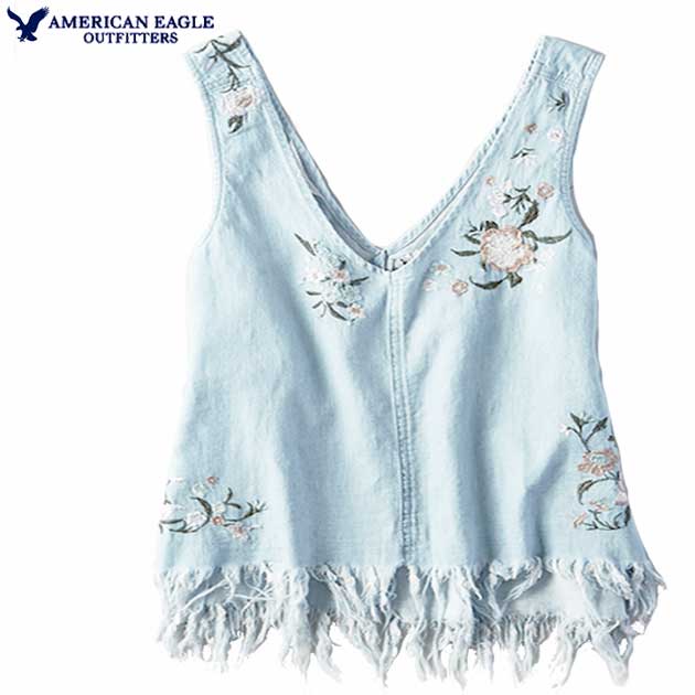 アメリカンイーグル タンクトップ レディース タンクトップ ソフト デニム タンクトップ 花柄刺繍 Vネック フリンジ トップス アメカジ 【Mサイズ】ライトウォッシュブルー メール便 送料無料 American Eagle Aerieアメリカンイーグル 正規品のサムネイル