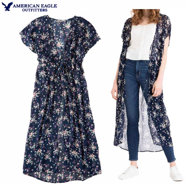 Rakuten - アメリカンイーグル ドレス AMERICAN EAGLE 正規品 レディース 【ONE SIZE】 kimono キモノ 羽織物 シフォン 薄手 花柄プリントウエストゴム ロング丈 アメカジ フリーサイズ ネイビー ブルー メール便 最短当日発送 送料無料