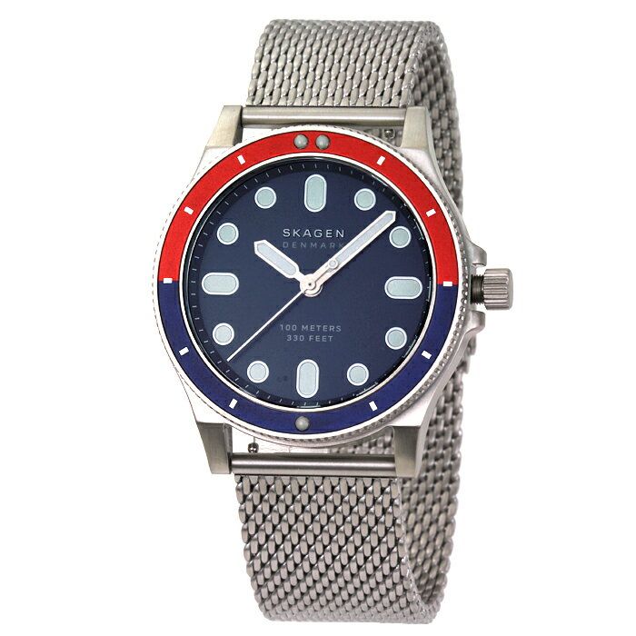 商品説明 北欧デンマークで設立されたスカーゲン。大きな文字盤は視認性抜群。金具をスライドさせて簡単にジャストのサイズに調整できるベルトなので使い勝手抜群です。 素材 ガラス：ミネラルクリスタル ケース：ステンレス ベルト：ステンレス カラー 文字盤：ネイビー ケース：シルバー（ツヤ無し）×ネイビー×レッド ベルト：シルバー（ツヤ無し） サイズ(約) 文字盤：直径3.3cm ケース：縦4.2×横4.5×厚み1.0cm ベルト：15.5〜21.5cm ムーヴ クォーツ 機能 ねじ込み式リューズ 逆回転防止ベゼル 防水性 100m防水 添付品 専用ケース・取扱説明書・保証書