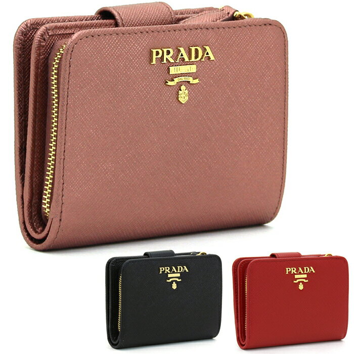 プラダ 革二つ折り財布 レディース プラダ PRADA 二つ折り財布（L字ファスナー小銭入） ミニ財布 1ML018 SAFFIANO METAL ORO 型押しレザー 本革 コンパクト メタルロゴ レディース メンズ 無地 アンティークピンク レッド ブラック