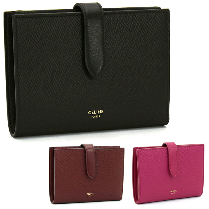 セリーヌ セリーヌ CELINE 二つ折り財布（ファスナー小銭入） ミディアムストラップウォレット Medium Strap Wallet 10B643BFP 型押しレザー 本革 シンプル 無地 ロゴ箔押し ブラック ピンク ダークレッド