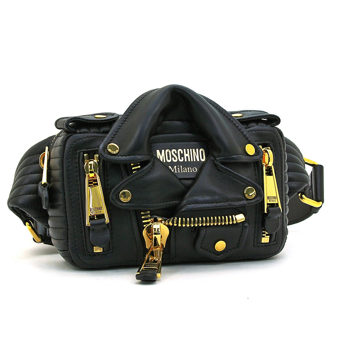 モスキーノクチュール MOSCHINO COUTURE ウエストポーチ ボディバッグ バムバッグ バイカージャケット ライダース A7730 8002 本革 ソフトレザー イタリア キルティング レディース ユニセックス ブラック