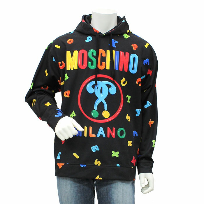 【訳あり】 全体的に白い毛羽立ちあり モスキーノクチュール MOSCHINO COUTURE プルオーバーパーカー 1710 0253 メンズ フーディー ブラック マルチカラー アルファベット カラフル