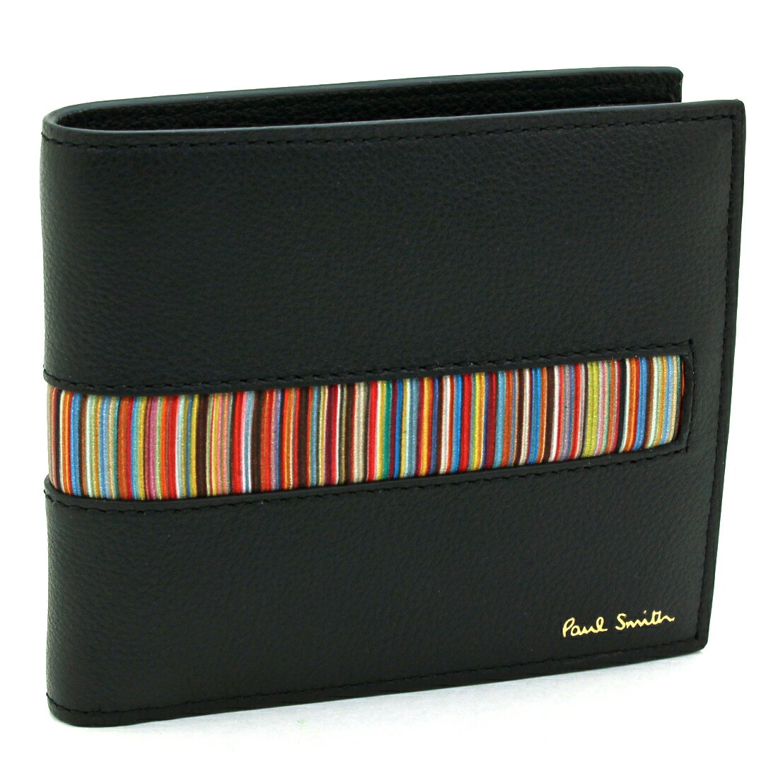 ポール・スミス 革二つ折り財布 メンズ ポールスミス Paul Smith 二つ折り財布 ホック式小銭入れ 4833 AINSET ブラック カーフ レザー 本革 メンズ ブランドロゴ マルチストライプ スマート