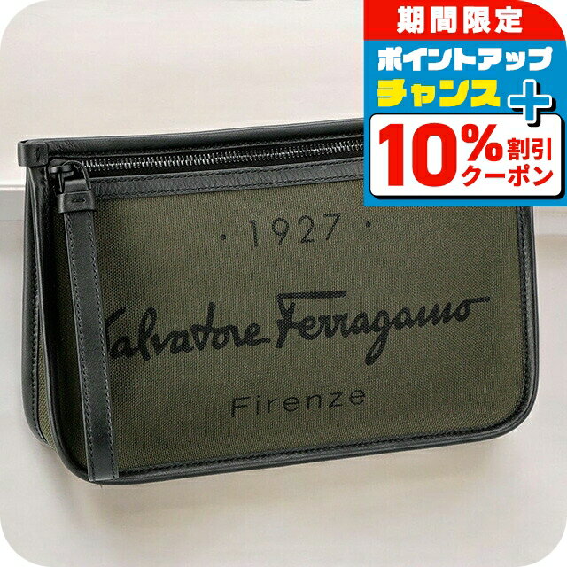 ＼10%OFFクーポン+さらに3倍★18日限定／ フェラガモ クラッチバッグ メンズ Ferragamo 240971 カーキグリーン ビジネス 軽量 小さめ ミニバッグ ブランド 高級 おしゃれ プレゼント 男性 実用的 かっこいい
