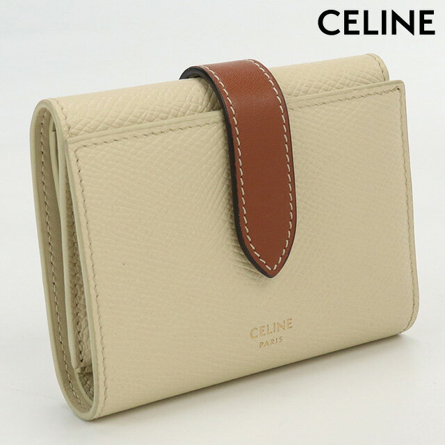 【中古】 セリーヌ 三折財布小銭入付き レディース ブランド CELINE ストラップ 三つ折りウォレット カーフ ベージュ