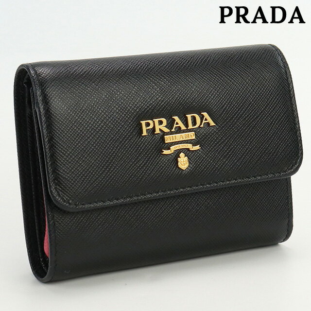 【中古】 プラダ 三折財布小銭入付き レディース ブランド PRADA サフィアーノマルチカラー三折財布 レザー 1MH025 ブラック