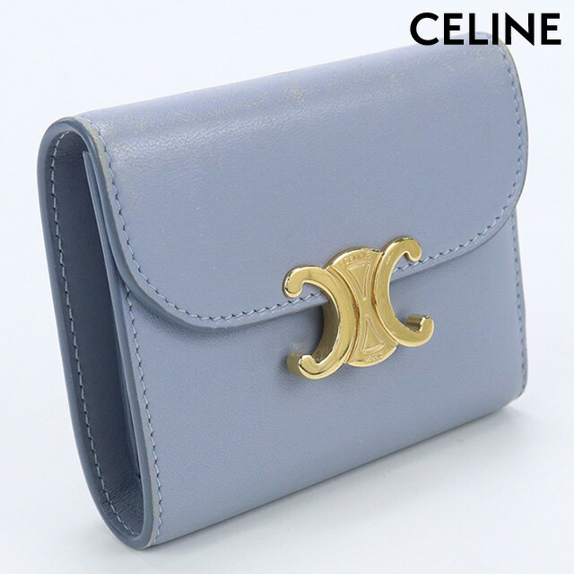 ＼27日02時まで★先着2000円OFFクーポン／【中古】 セリーヌ 三折財布小銭入付き レディース ブランド CELINE トリオンフ スモールウォレット カーフ 10D78 3DPV ブルー 財布