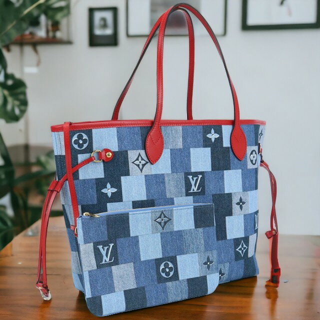  ルイヴィトン トートバッグ レディース ブランド LOUIS VUITTON スクエア パッチワーク ネヴァーフルMM M44981 ネイビー バッグ