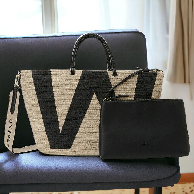 ＼2000円OFFクーポンに店内最大P55倍！9日1:59まで／【あす楽対応】 ウィークエンド マックスマーラ WEEKEND MAX MARA 2355111534600 002 ポーチ付 Wロゴ ウーブン トートバック 2WAY ショルダー・ハンドバッグ かごバッグ ナチュラル/ブラック レディース RAIDのサムネイル