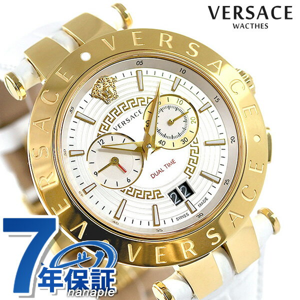 【25日は全品5倍でポイント最大24倍】 ヴェルサーチ 時計 メンズ 腕時計 Vレース デュアルタイム 46mm VEBV00319 VERSACE ヴェルサーチェ シルバー×ホワイト 革ベルト