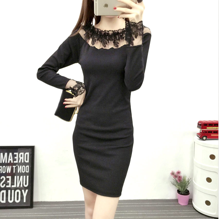 .セクシーニットワンピース ミニ丈 ニット ワンピース 春 秋 冬 タイトワンピース ミニ キャバドレス キャバクラ 刺繍 レース シースルー 長袖 黒 谷間 ...