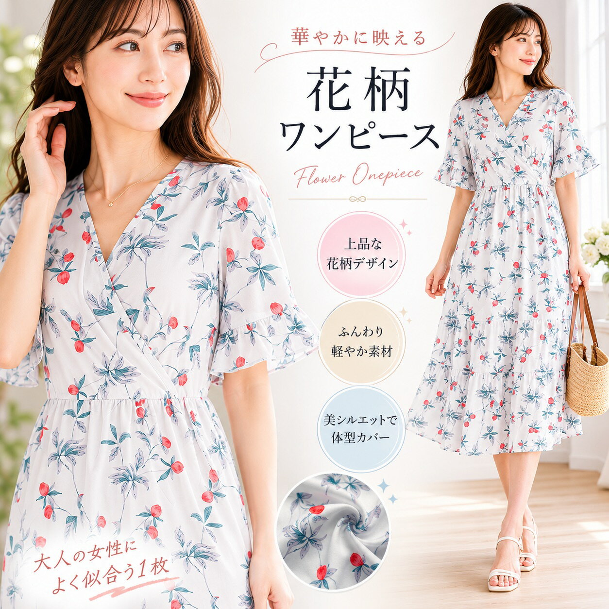 楽天市場】花柄 ワンピース（カラーホワイト）（レディース