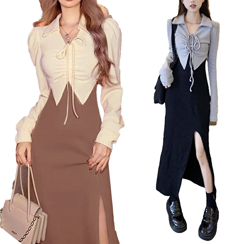ドッキングワンピース ワンピース ロング きれいめ ロングワンピース 長袖 上品 シャツワンピース ニットワンピース ロングドレス カジュアル キャバ ドレス ...