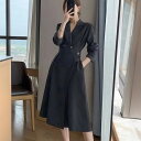 レディース カシュクール ワンピース 秋冬 春 きれいめ 長袖 シャツワンピース ロングワンピース 前開き aラインワンピース ロング丈 ラップワンピース ロング フフィス ビジネス フォーマルワンピース スプリングコート 30代 40代 50代 60代 ブラック/黒 大きいサイズ