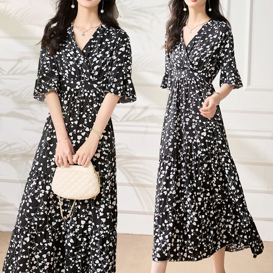 レディース ワンピース マキシ丈 黒 白 花柄 ロングワンピース マキシワンピース マキシワンピ リゾートワンピース サマードレス きれいめ Vネック ウエスト細見え 体型カバー フレア袖 デート 通勤 上品 おしゃれ 30代 40代 50代 60代