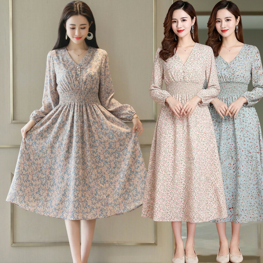 花柄 ワンピース ロング 長袖 レディース ロングワンピース 春 夏 秋 冬Vネック Aライン 体型カバー フレア 大人可愛い マキシ丈 ウエストゴム 上品 フラワープリント マキシワンピ リゾートワンピース 30代 40代 50代 60代 サマードレス ペイズリー 小花柄