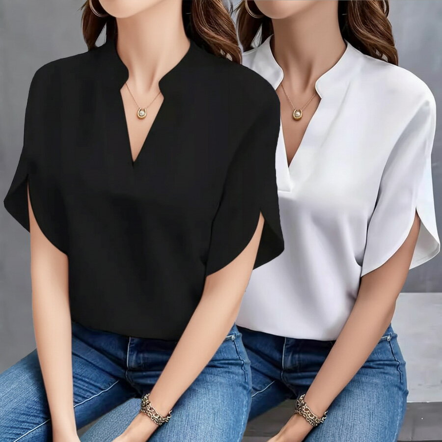 レディース ブラウス 半袖 とろみ Vネック きれいめ オフィスカジュアル 半袖 スリットスリーブ トップス プルオーバー 体型カバー 無地 1枚で決まる オフィスカジュアル シワになりにくい 立襟 ハイネック 春 夏 秋 通勤 20代 30代 40代 50代 60代 白 黒