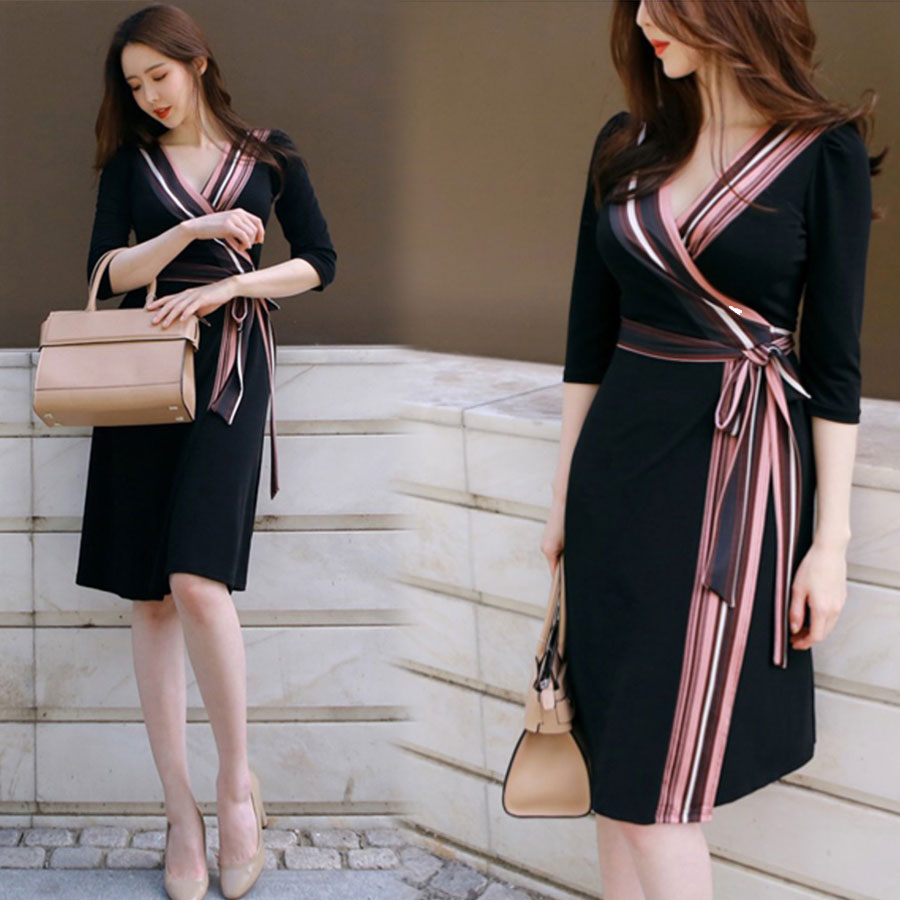 .ワンピース 大人 上品 レディース ミディアム 長袖 七分袖 ラップワンピース カシュクール Vネック 春 夏 秋 冬 aライン 結婚式 オフィス エレガント...