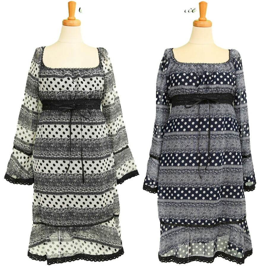 シフォンワンピース 長袖 膝丈 レディース シフォン ワンピース シフォンワンピ 秋冬 春夏 薄手 リボン レトロ クラシカル アンティーク ドット クラシック...