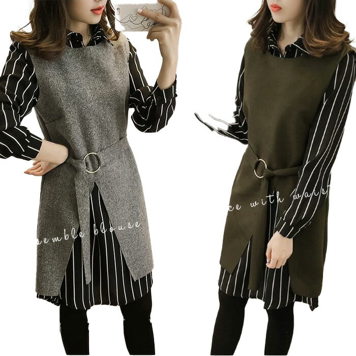 大きいサイズ レディース ロングシャツ 襟付き ワンピース 大人 上品 ミセス 30代 40代 50代 重ね着ワンピース 長袖 バイカラー シャツワンピース 長...