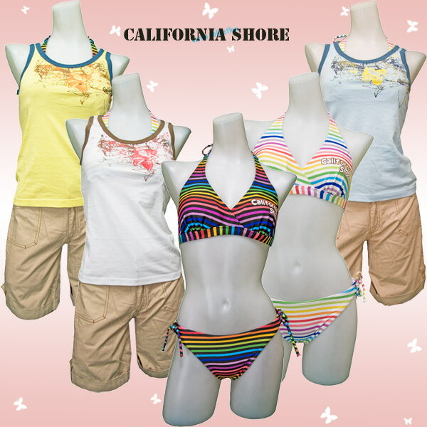 限定特価セール！定価16,800円が半額以下〜【California Shore/カリフォルニア・ショア】NIKKI製造　レディース高級サーフブランド マルチボーダービキニ 大人セクシーホルターネックビキニ タンキニ水着 ハーフパンツ付き4点セット7号S・9号M・11号L10,500円以上送料無料