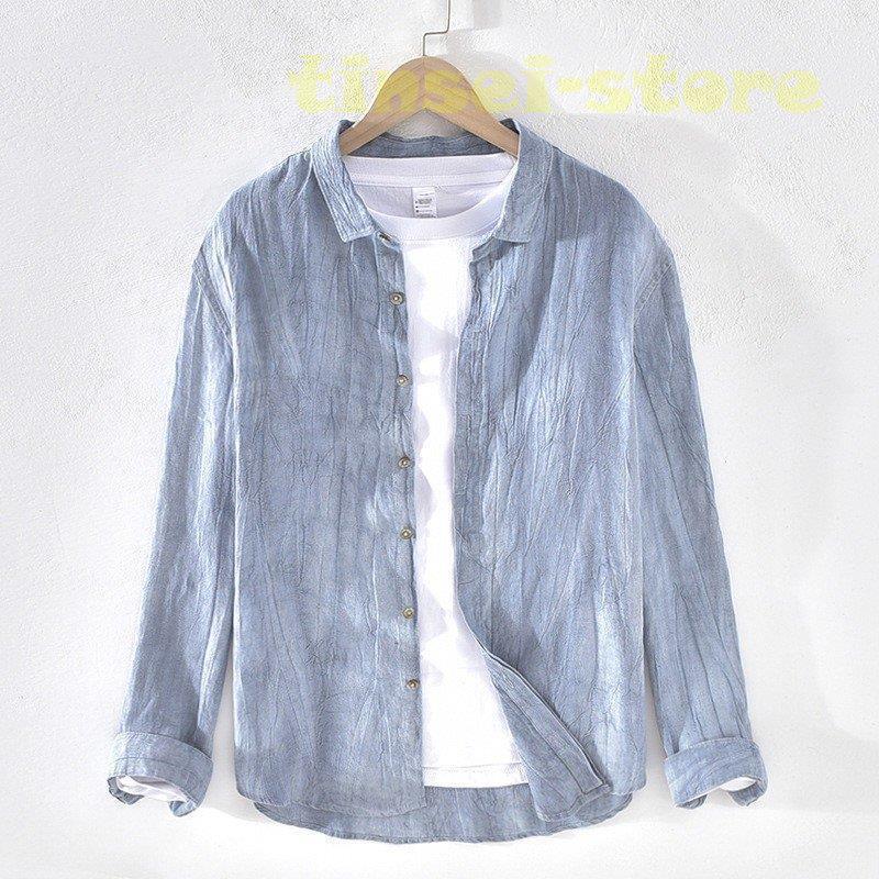 麻シャツ メンズ 長袖 無地 シンプル シワ加工 カジュアルシャツ リネンシャツ 麻(4)