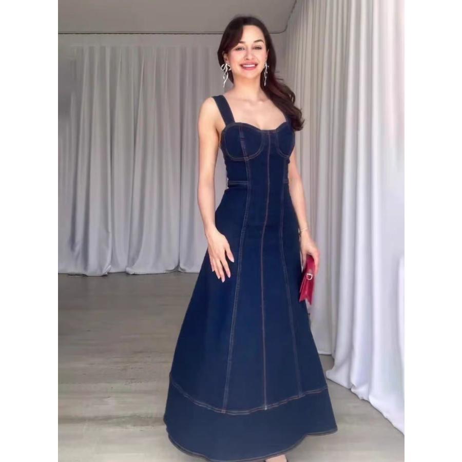 サロペットワンピース レディース タンクワンピース デニム ミモレ丈 ノースリーブ 体型カバー プリーツスカート 着痩せ 春 夏 大きいサイズ ゆったり きれい