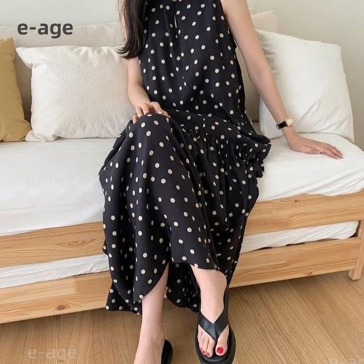 水玉ワンピース ノースリーブ ワンピース 夏 無袖 水玉柄 ロングワンピース ドット レディース ロング丈 ガーリー 楽ちん 締め付けなし 大きいサイ