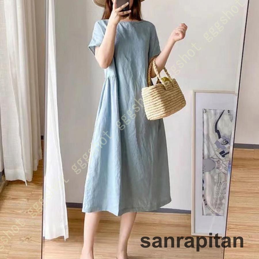 ゆったり 半袖 ロング ワンピース 森ガール マキシ丈 ドレス 春 秋 夏用 レディース ワンピース チュニック ミモレ丈 トップス 大きいサイズ リネン ふんわり