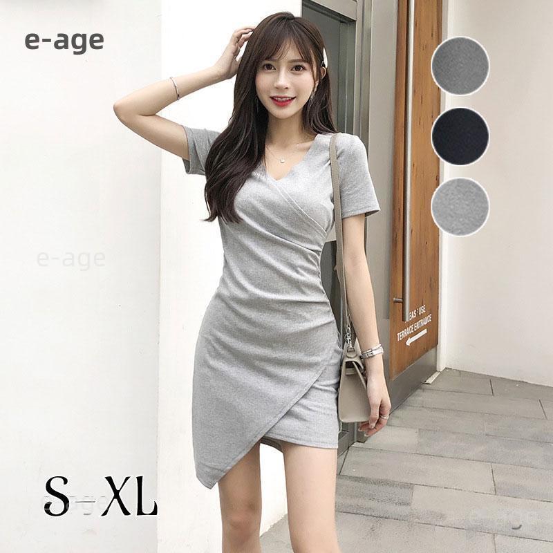 レディース ワンピース 無地 半袖 夏 新作 フェミニン ミニスカート 不規則裾 フレンチ マーメイド スカート ブラック 大人 カジュアル かわいい