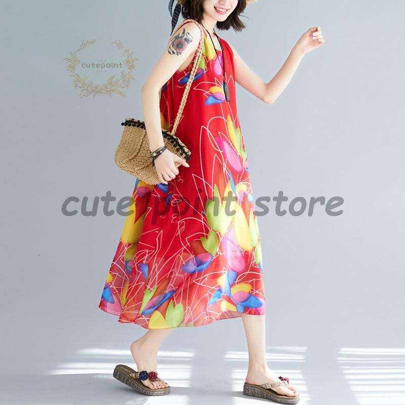 ワンピース 柄 マキシ丈 マキシワンピ シフォン リゾート シーズン レディース マキシワンピ 大きサイズ 夏服 ビーチ ボヘミアン