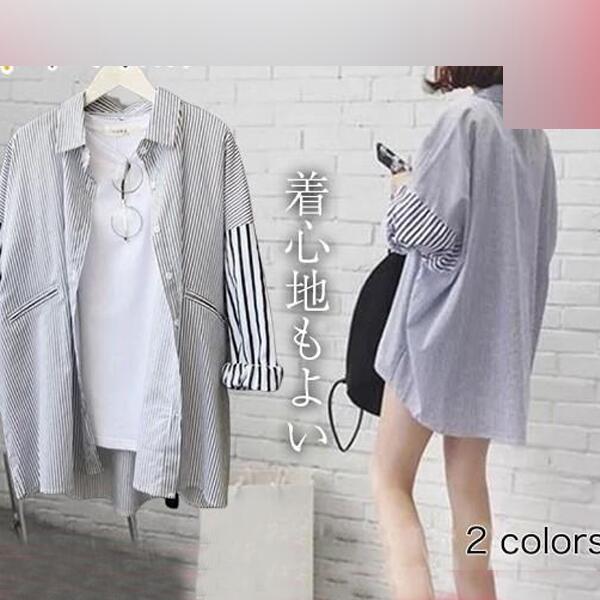 ブラウスシャツロングシャツストライ...