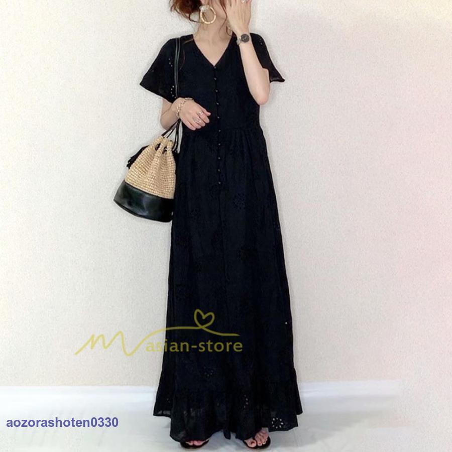 夏ワンピース 半袖 ロングワンピース Aライン 花刺繍 Vネック サマー ゆったり 夏コーデ 体型カバー 20代30代 黒 白 40代 ママ フォーマル OL 大人 シンプル