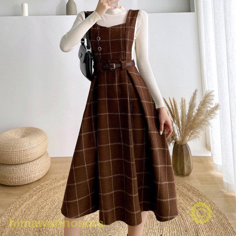 ジャンパースカート 秋冬 サロペット ジャンスカ キャミワンピース レディース キャミワンピ チェック柄 ワンピース 重ね着 可愛い ベルト付き