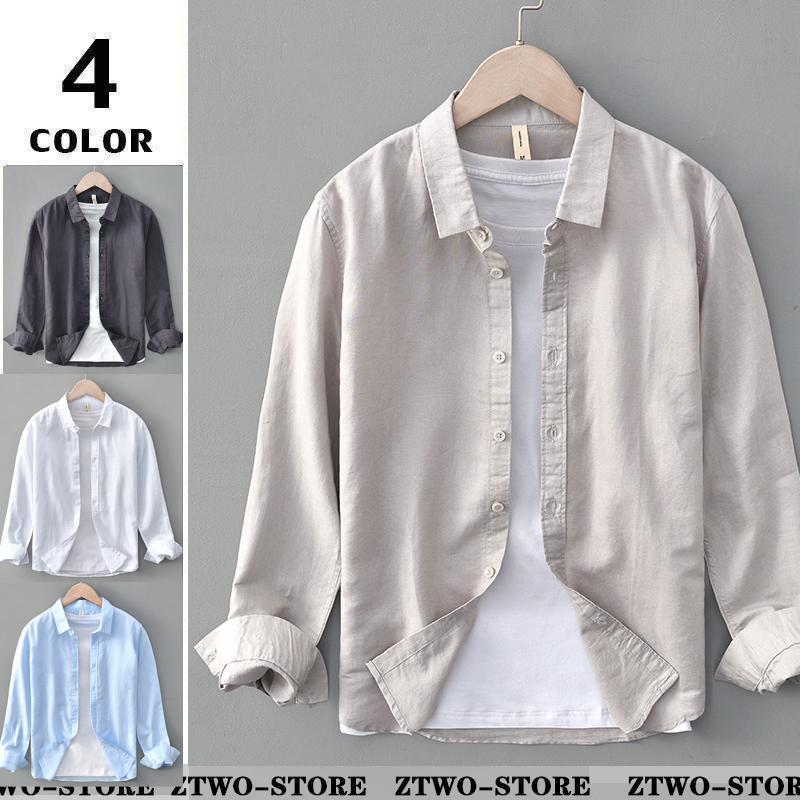綿麻シャツ メンズ リネンシャツ 長袖シャツ 白シャツ トップス 夏 無地 長袖 開襟シャツ カジュアル 涼しい 春夏 サマー