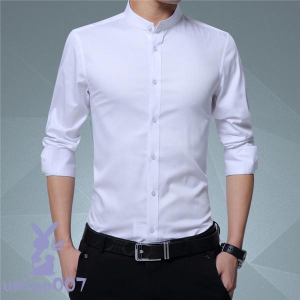 ワイシャツ メンズ ビジネスシャツ 立ち襟 無地 長袖 紳士シャツ レギュラーシルエット フォーマル ビ..