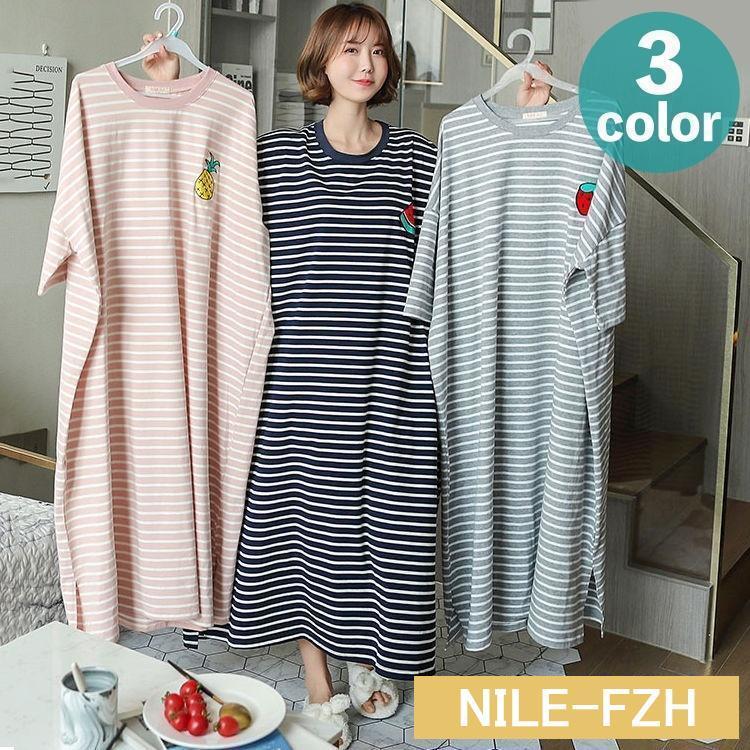 ルームウェア ワンピース Tシャツワンピース レディース 女性 7分袖 ゆったり オーバーサイズ ロング丈 ラウンドネック ボーダー柄 カジュアル パ