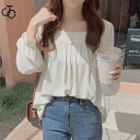 シャツ ブラウス レディース 春 夏 春夏 秋 オフィス 白色 無地 スクエアネック 長袖 パフスリーブ シアーシャツ 上品 トップス