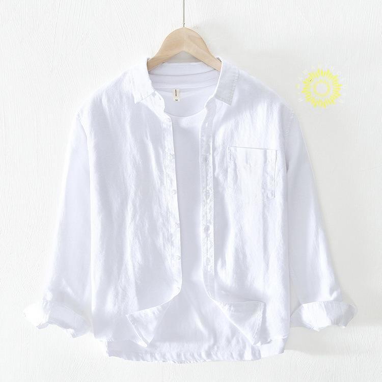 リネンシャツ メンズ 白シャツ 夏 ファッション 綿麻シャツ カジュアルシャツ 開襟シャツ 長袖 無地 ワイシャツ 涼しい 2023