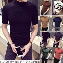 ニットTシャツ 半袖 メンズ スリム 男性用 半袖Tシャツ ハイネック 薄手 トップス タイト Tシャツ 丸襟 着まわし カラバリ
