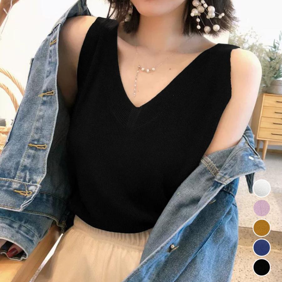 ニットタンクトップ Vネックサマーニット 春 夏 秋