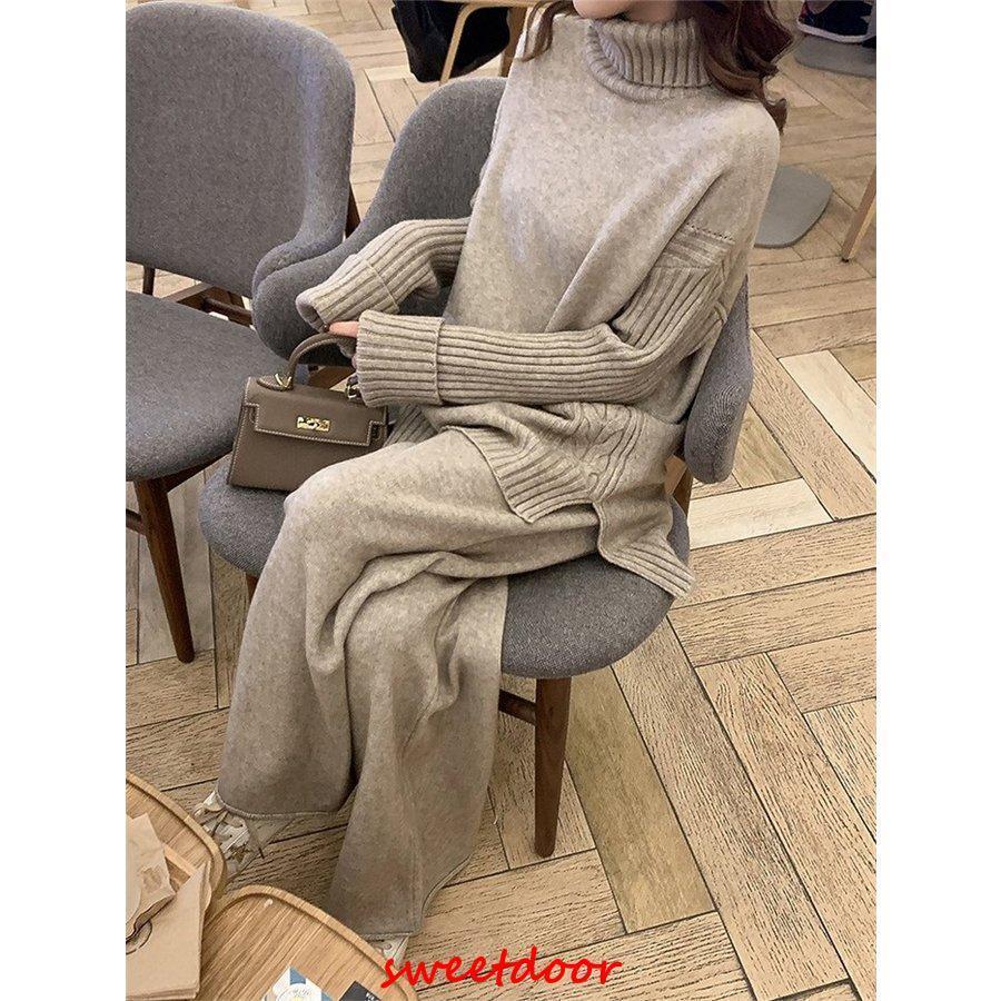 パンツセットアップ ニット レディース 秋 冬 パンツスーツ 上下セット 2点セット トップス セーター ス ガウチョパンツ ハイネック 無地 ゆったり 30代 40代