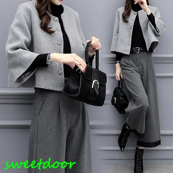 セットアップ レディース 秋冬 40代 20代 フォーマル 長袖 2点セット アウター 冬コート ガウチョパンツ カジュアル 大きいサイズ おしゃれ 上品 着痩...