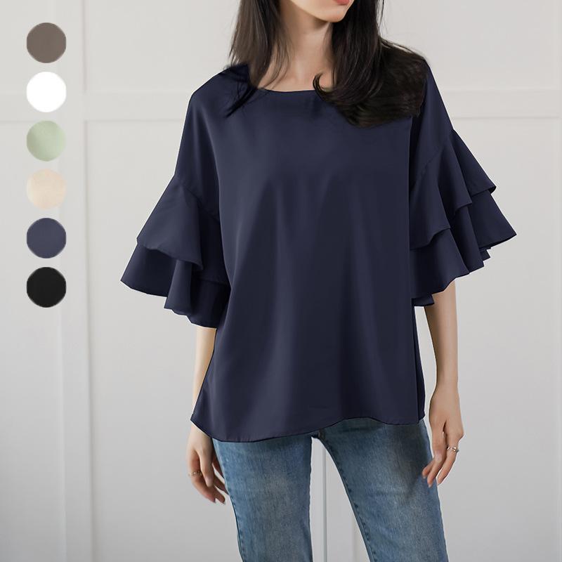 ブラウス レディース 5分袖 春 夏 フォーマル フレアースリーブ ベルスリーブ シャツ トップス ゆったり 大人 ナチュラル 大きいサイズ オフィス(4)