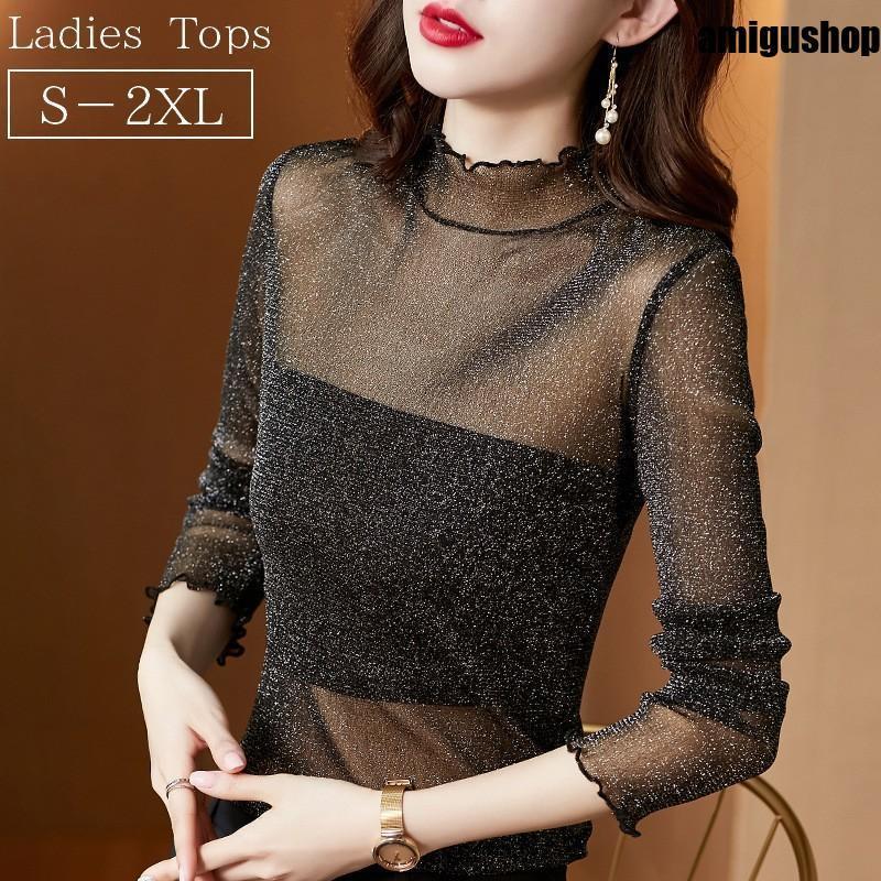 カットソー レディース 女性 大きいサイズ トップス 婦人服 ハイネック 長袖 ラメ 薄手 シースルー 透け感 メロウ フリル シアー レイヤード イ